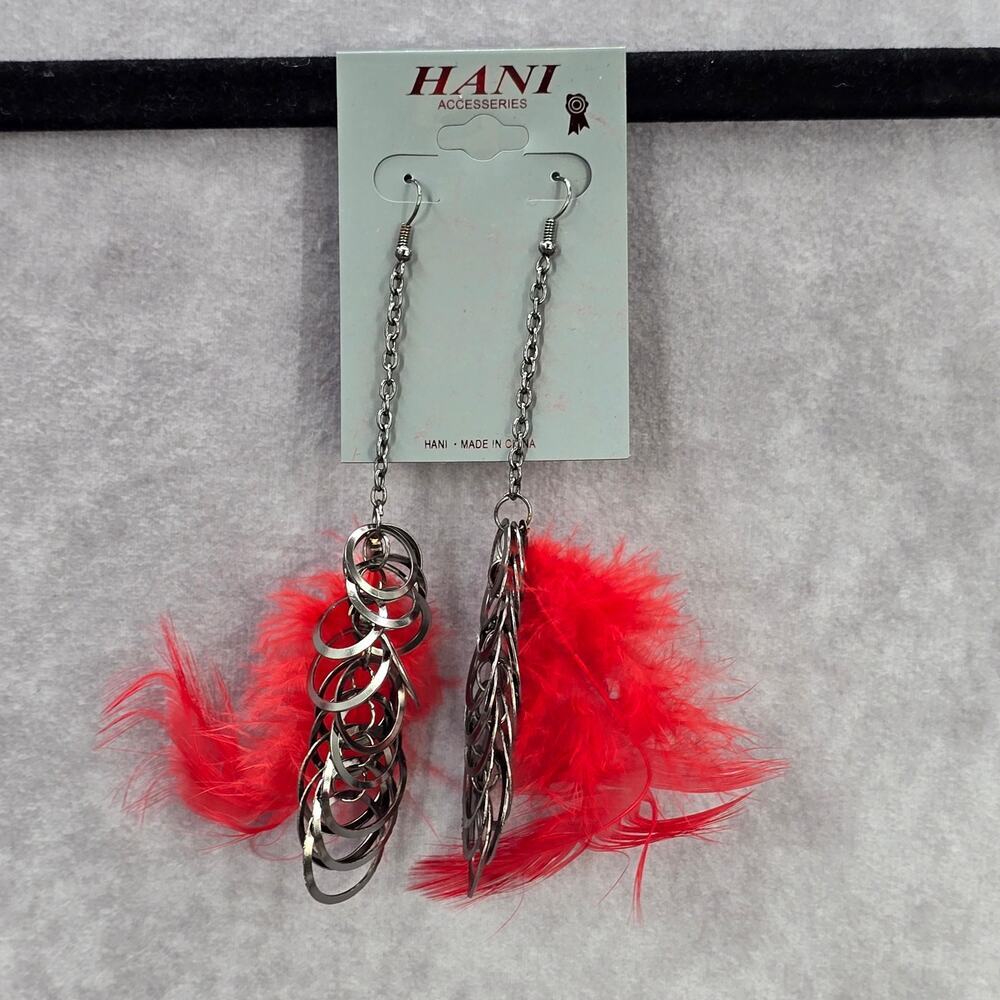 Red Feather Circle Chain Long Drop‎ Dangle Fashion Jewelry Earrings NWT JB2-91